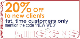 Sunsigns 20% coupon to 1st. time customers only, mention the code "NEW WEB"
